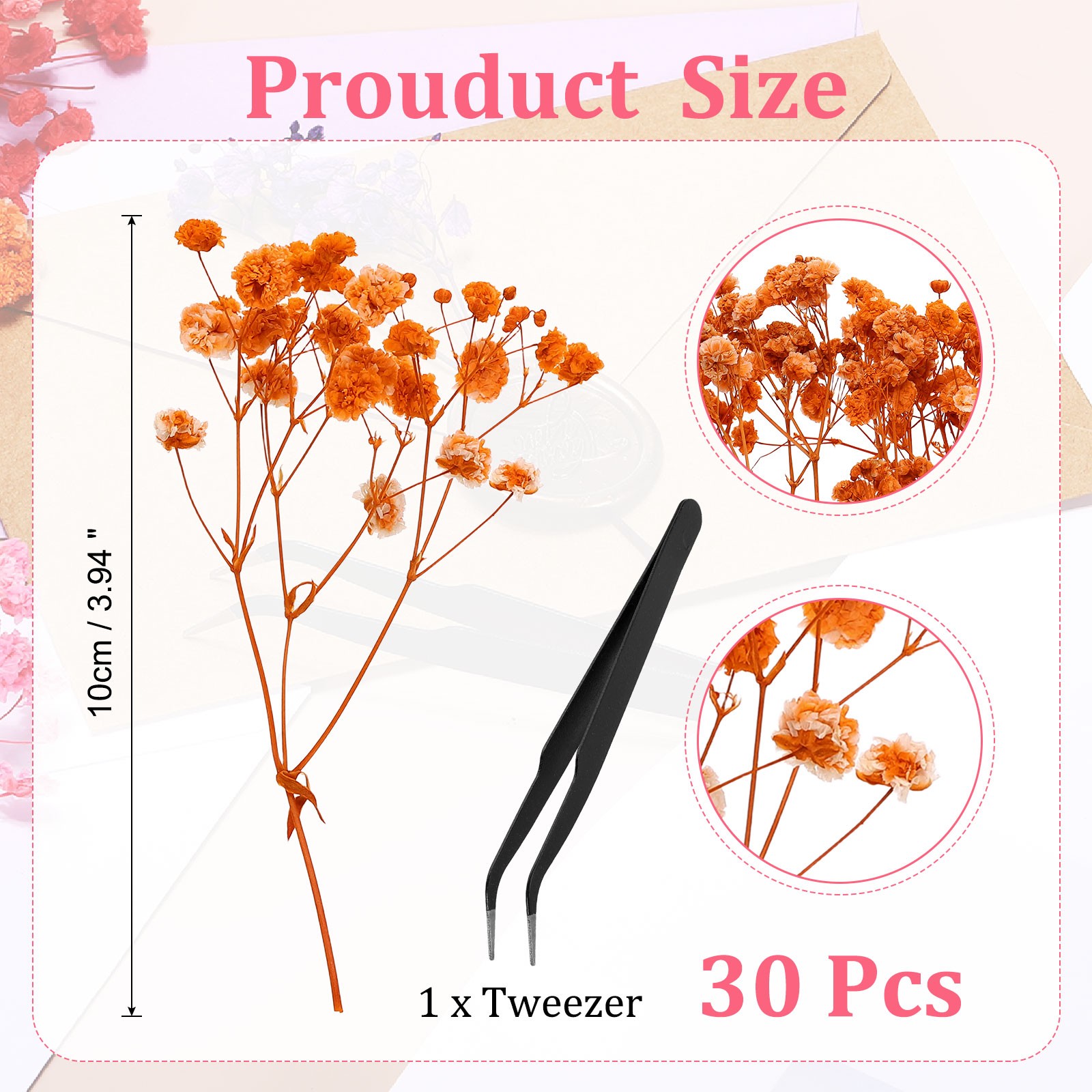 30 Pcs Dried Gypsophila Flower 4″ Orange Pressed Flowers with Tweezer