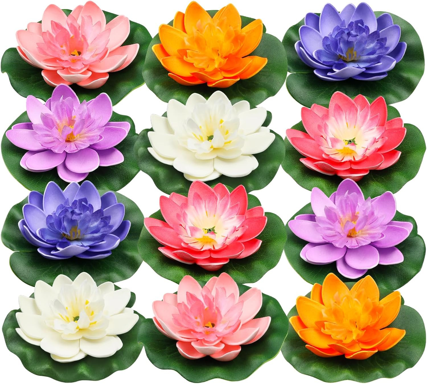 12Pcs Floating Foam Lotus Flowers with Lily Pads, Artificial Pond Plants Ornamen