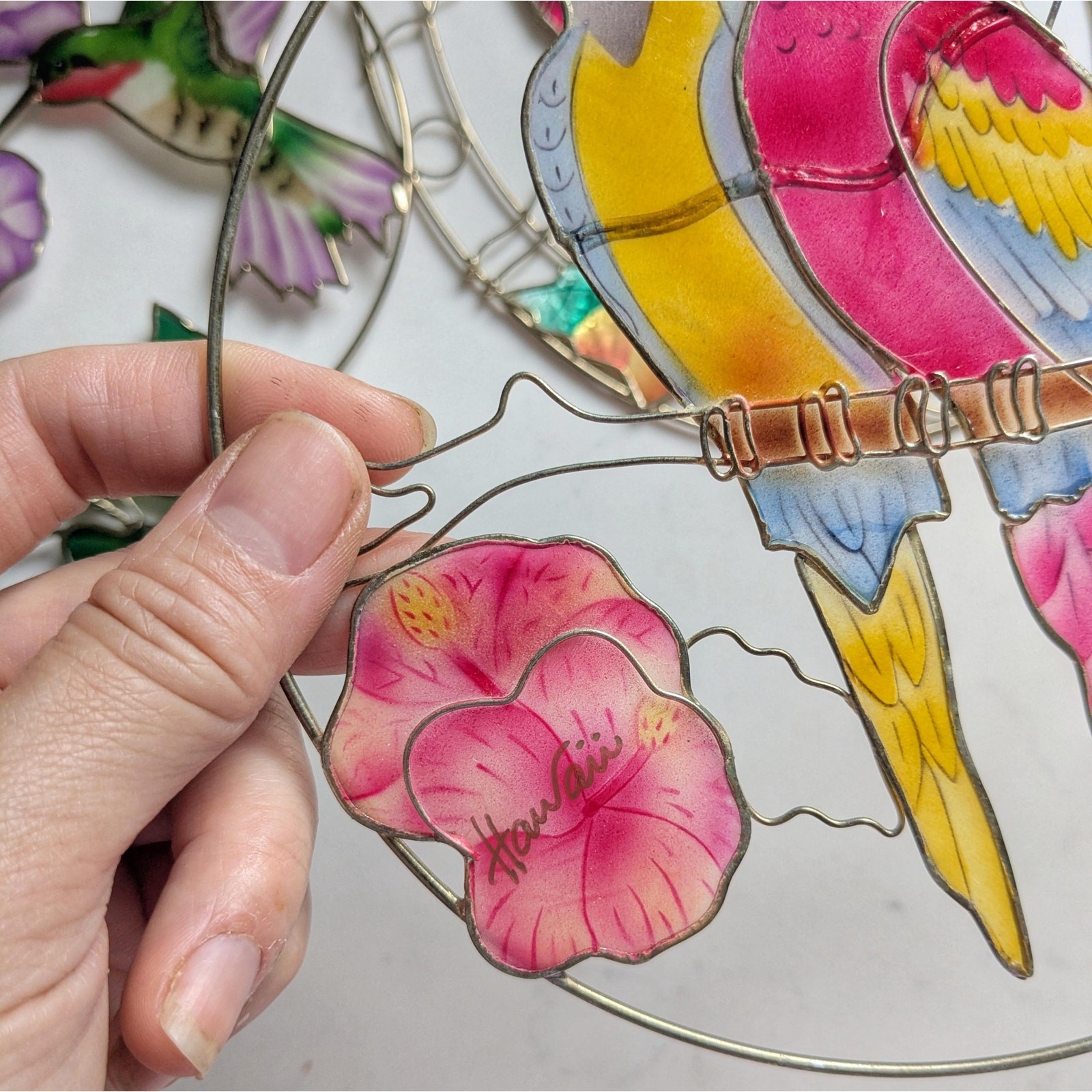 Vintage 1980s Hand-Painted Tropical Parrot Sun Catcher – Stained Glass-Style