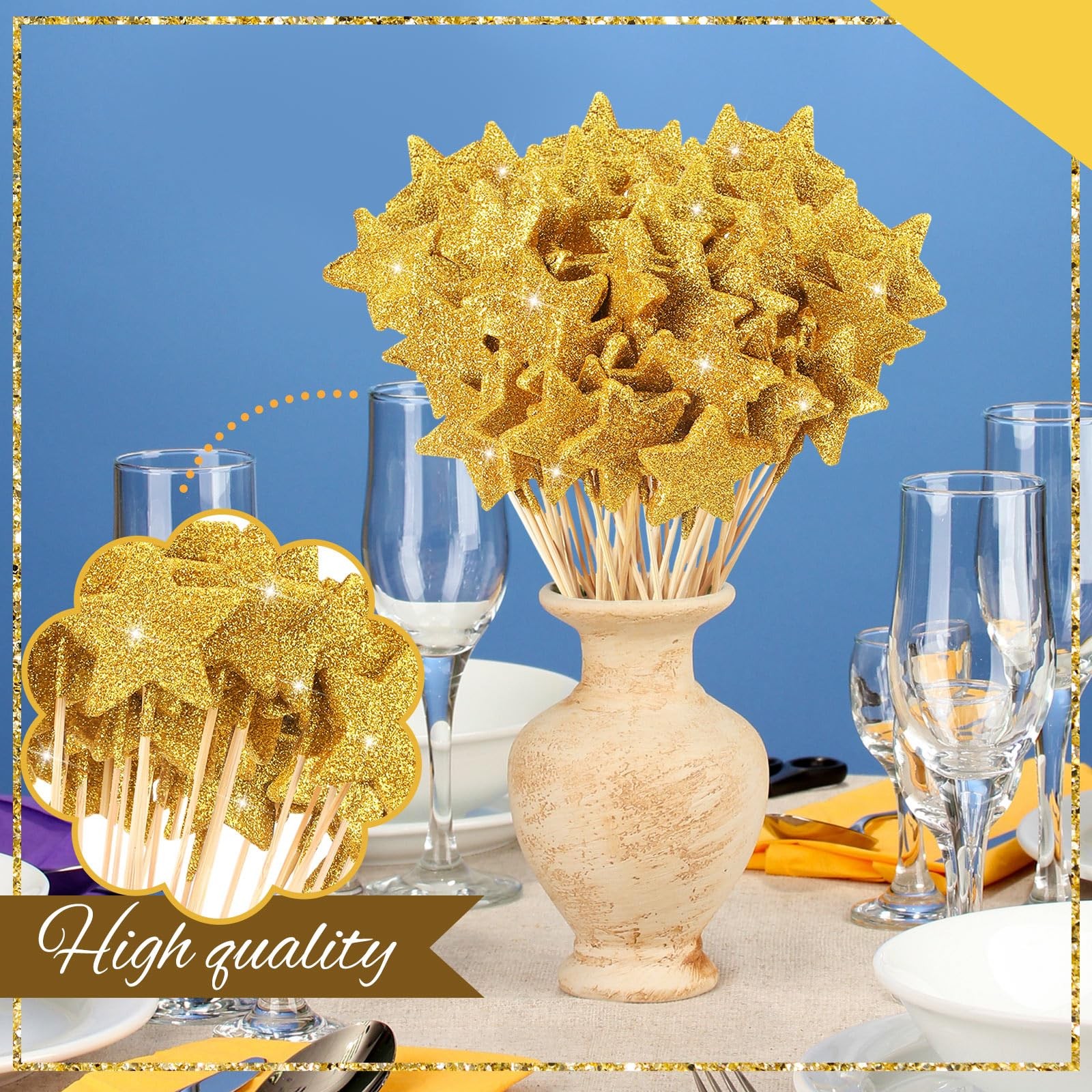 60 Pcs Golden Star Floral Pick 8” Star Centerpiece Table Decor Gold Graduati…