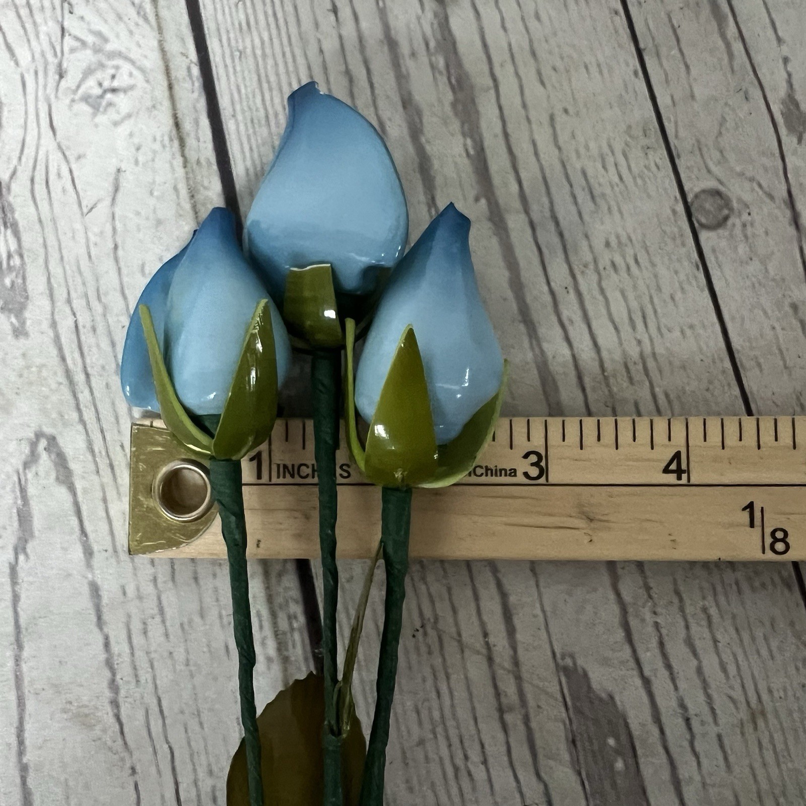 Vintage Set Of 3 Blue Ceramic Tulips Rosebuds Flowers Decor Stems Leaves