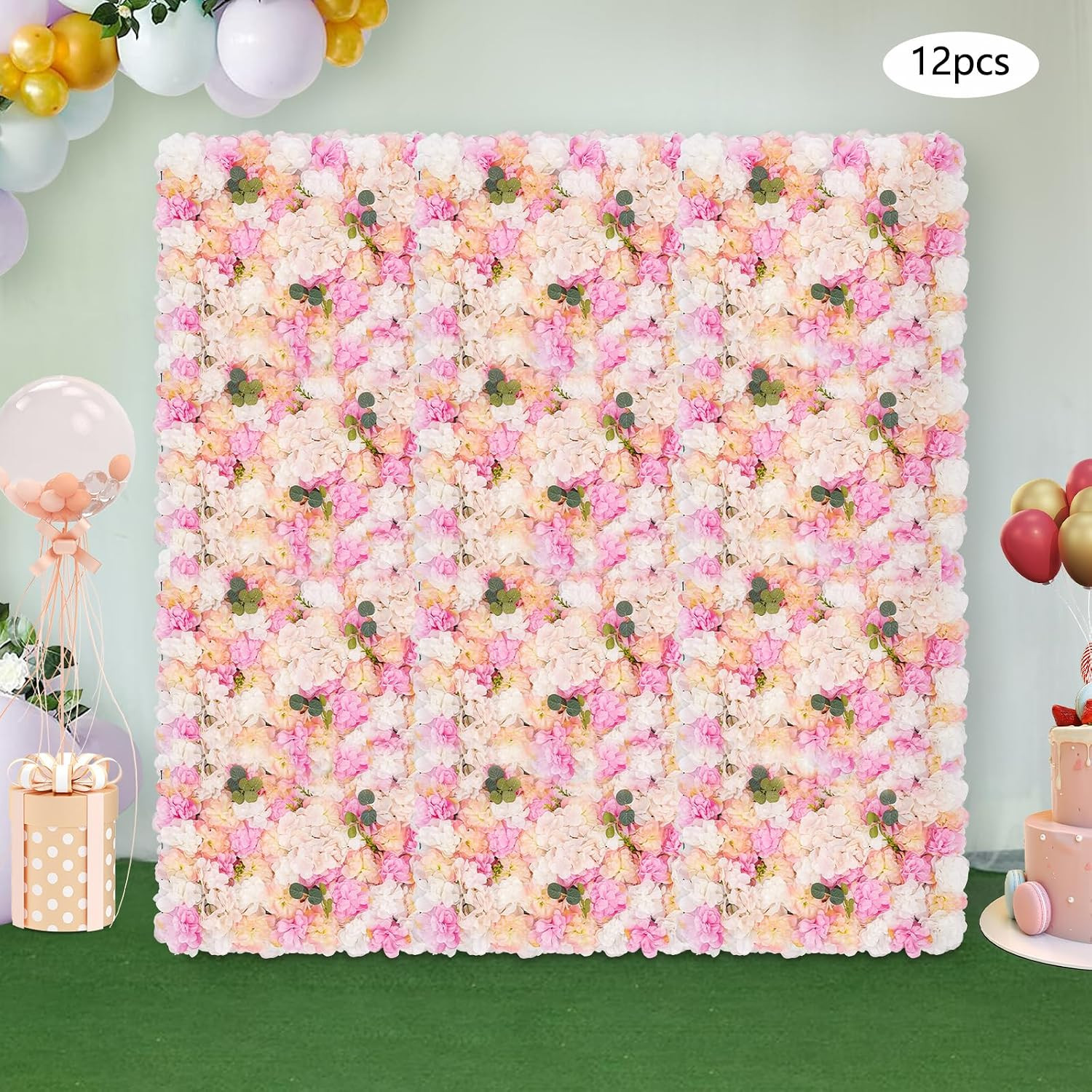 12Pcs 24″ X 16″ Artificial Flower Wall Panel Background,3D Pink Champagne Silk E