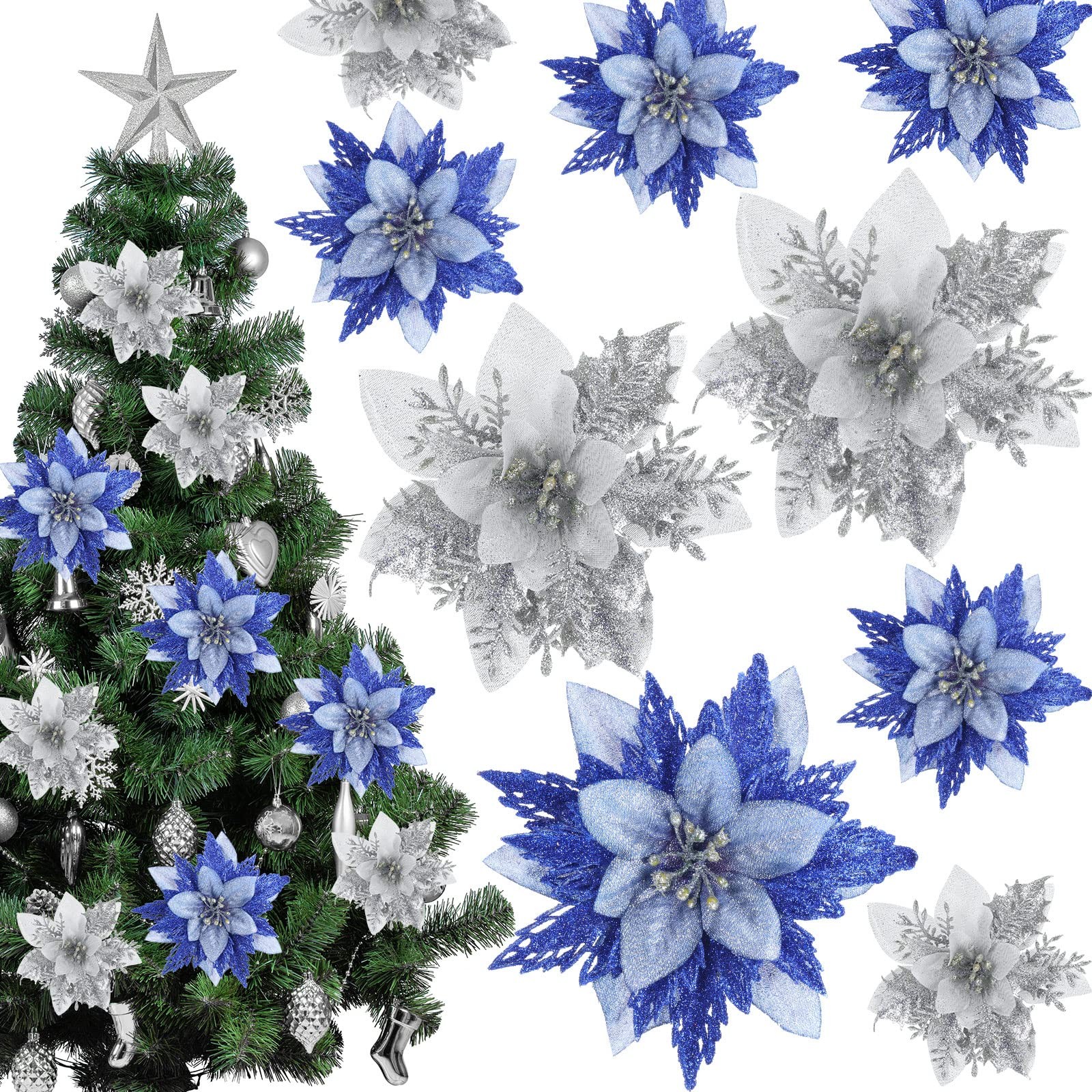 30 PCS Christmas Poinsettia Artificial Glitter Flowers For Xmas Tree Decor