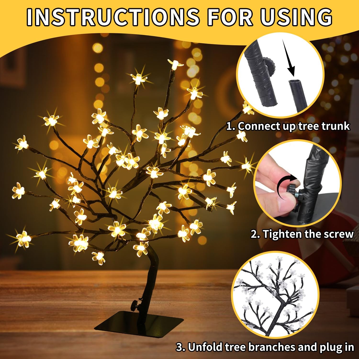 JoyHue Cherry Blossom Tree Lights,Artificial Bonsai Tree with 48 Warm White L…