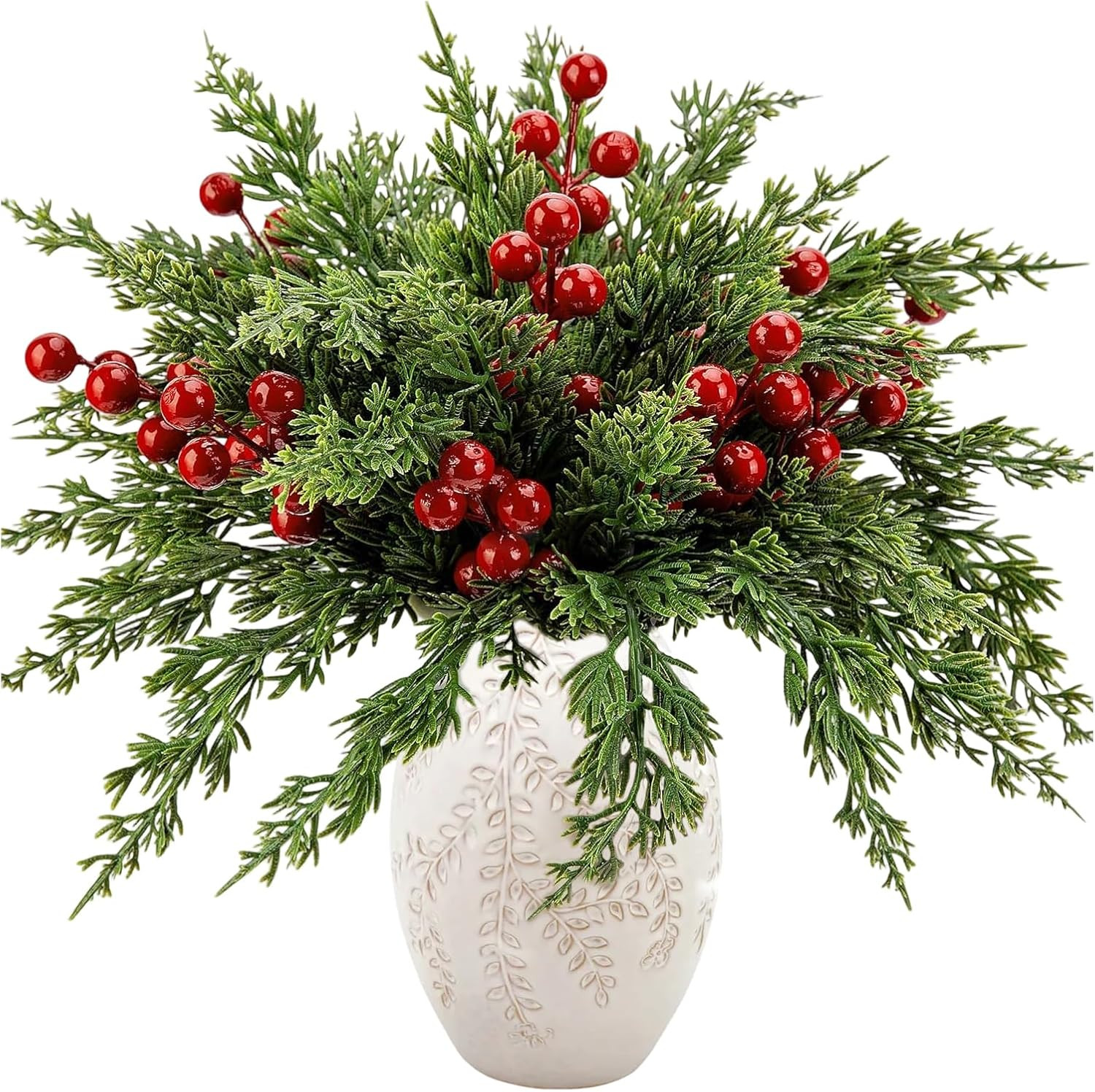 45Pcs Artificial Pine Branches with Red Berries 13In Xmas Stems for Wreath Decor