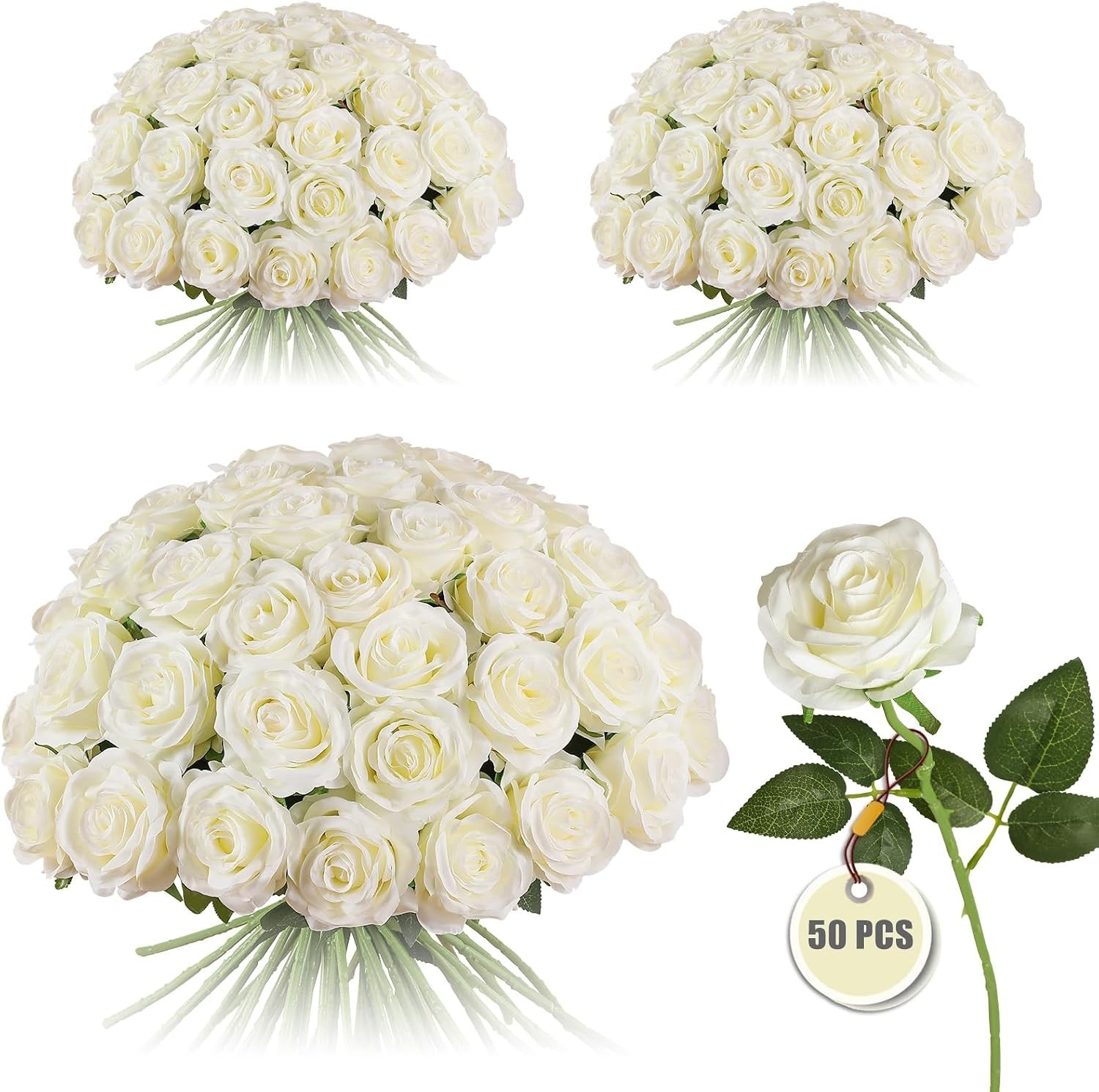 Large White Rose Bouquet – 50PCS Silk Roses for Centerpieces
