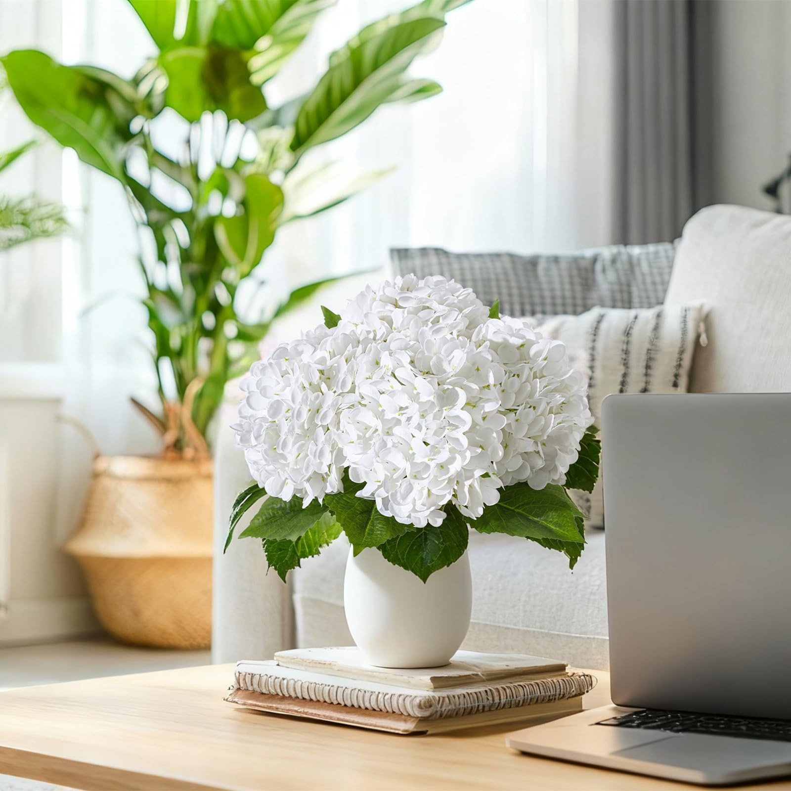 4 Pcs Artificial Hydrangea Silk Flowers with Stems, 19.7″ White Faux Hydrange…