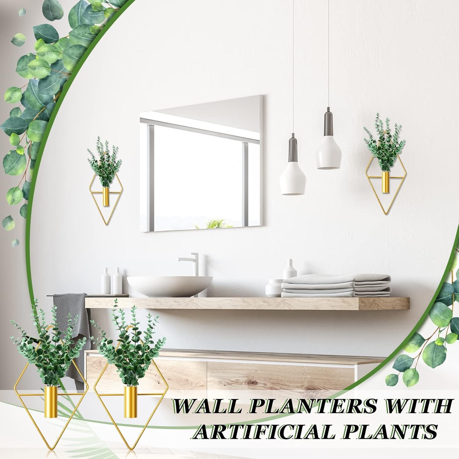 2 Pieces Gold Wall Decor Hanging Planters W/ Artificial Plants Metal Vase Indoor