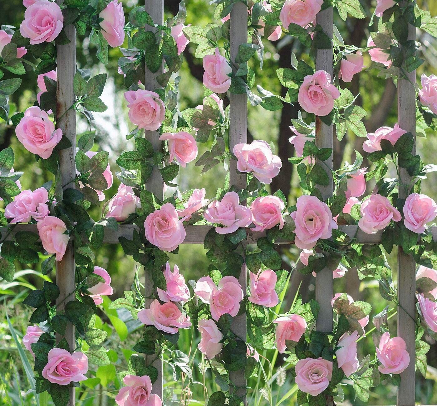 2 Pack Artificial Pink Rose Garland Vine – Total 16FT Silk Fake Blush Pink Ro…