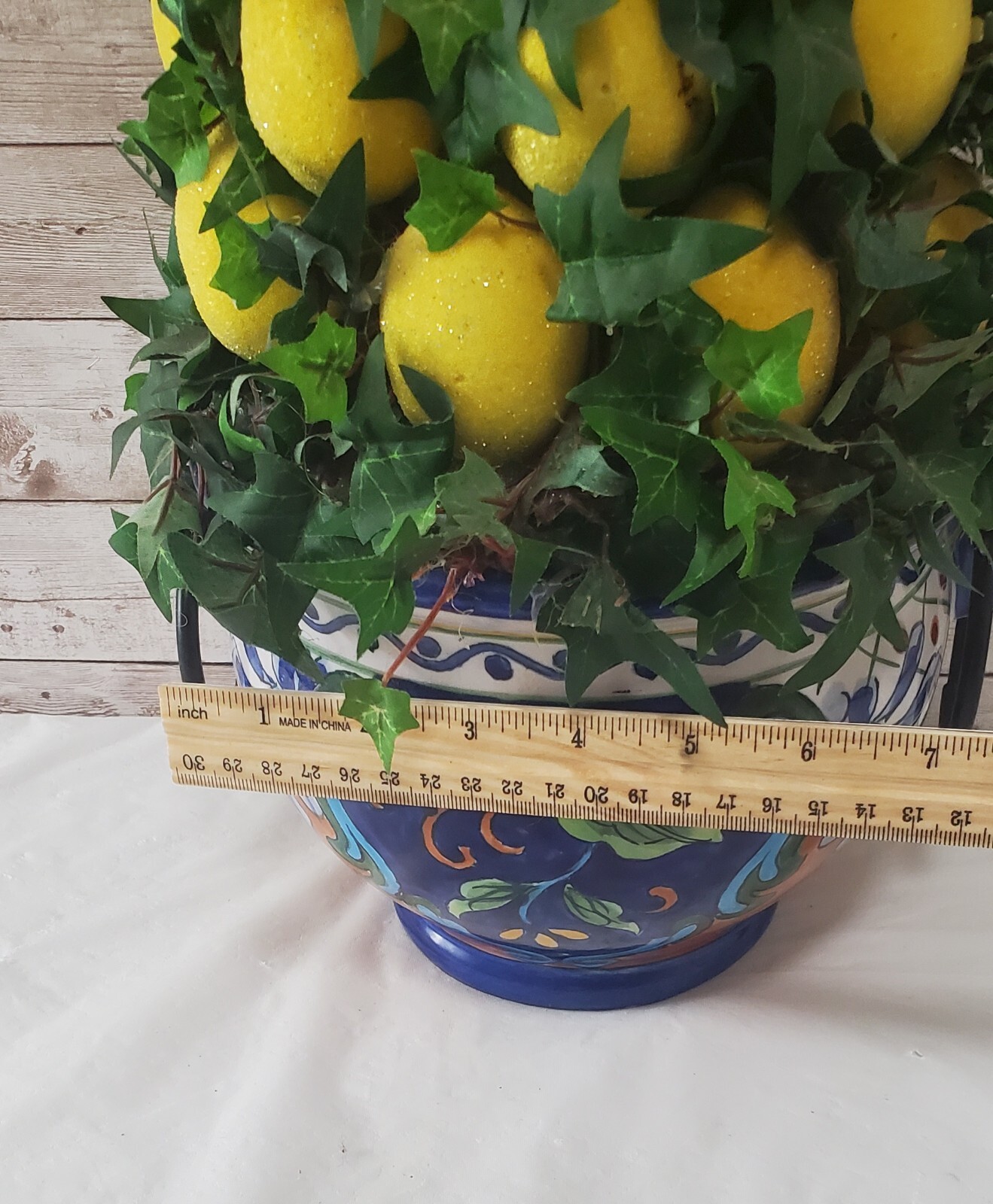 Faux Lemon 23″ Topiary Tree Centerpiece in Beautiful Cobalt Blue & Rust Planter