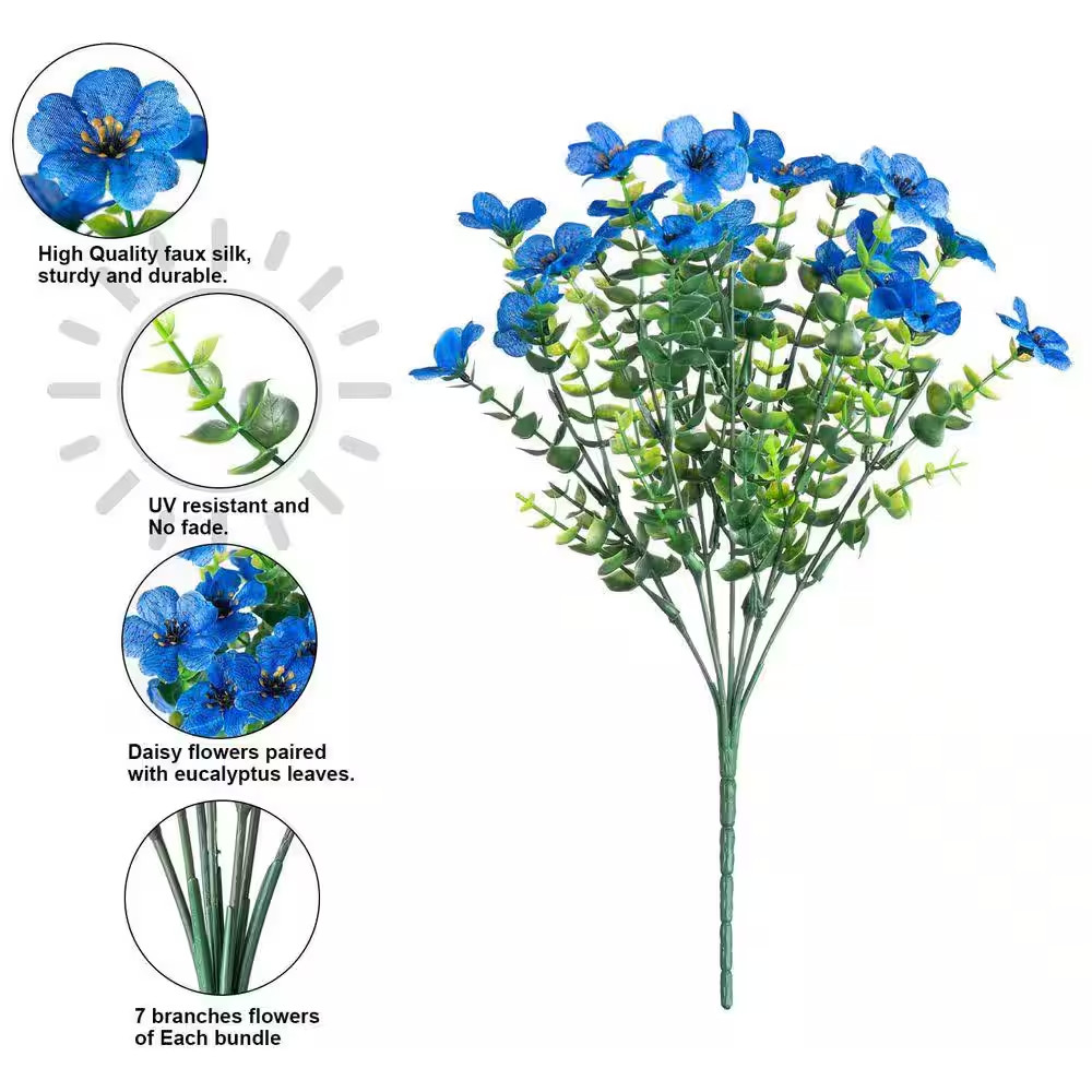 12 Bundles 13.8 In. Blue Artificial Faux Flowers Silk Daisy with Eucalyptus