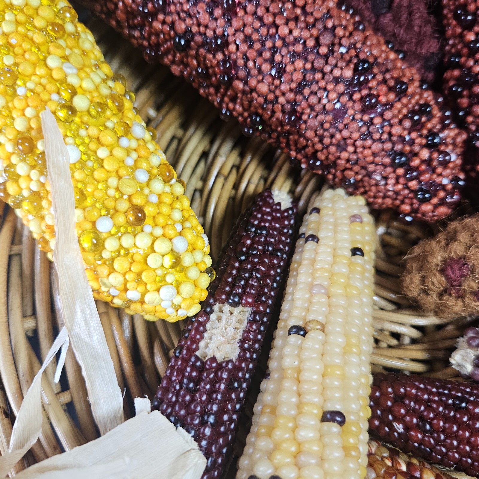 Beaded Indian Corn Cob Mix Lot Styrofoam Acrylic Yarn Thanksgiving Autumn Decor