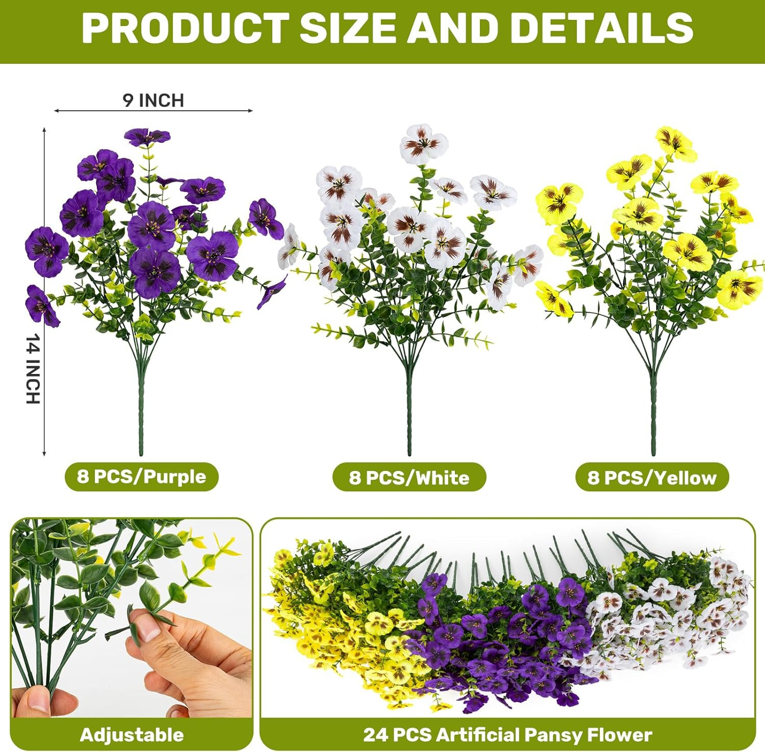 24 Pcs Artificial Fake Pansy Flowers for Outdoor,Faux Silk Plants Flowers UV Res