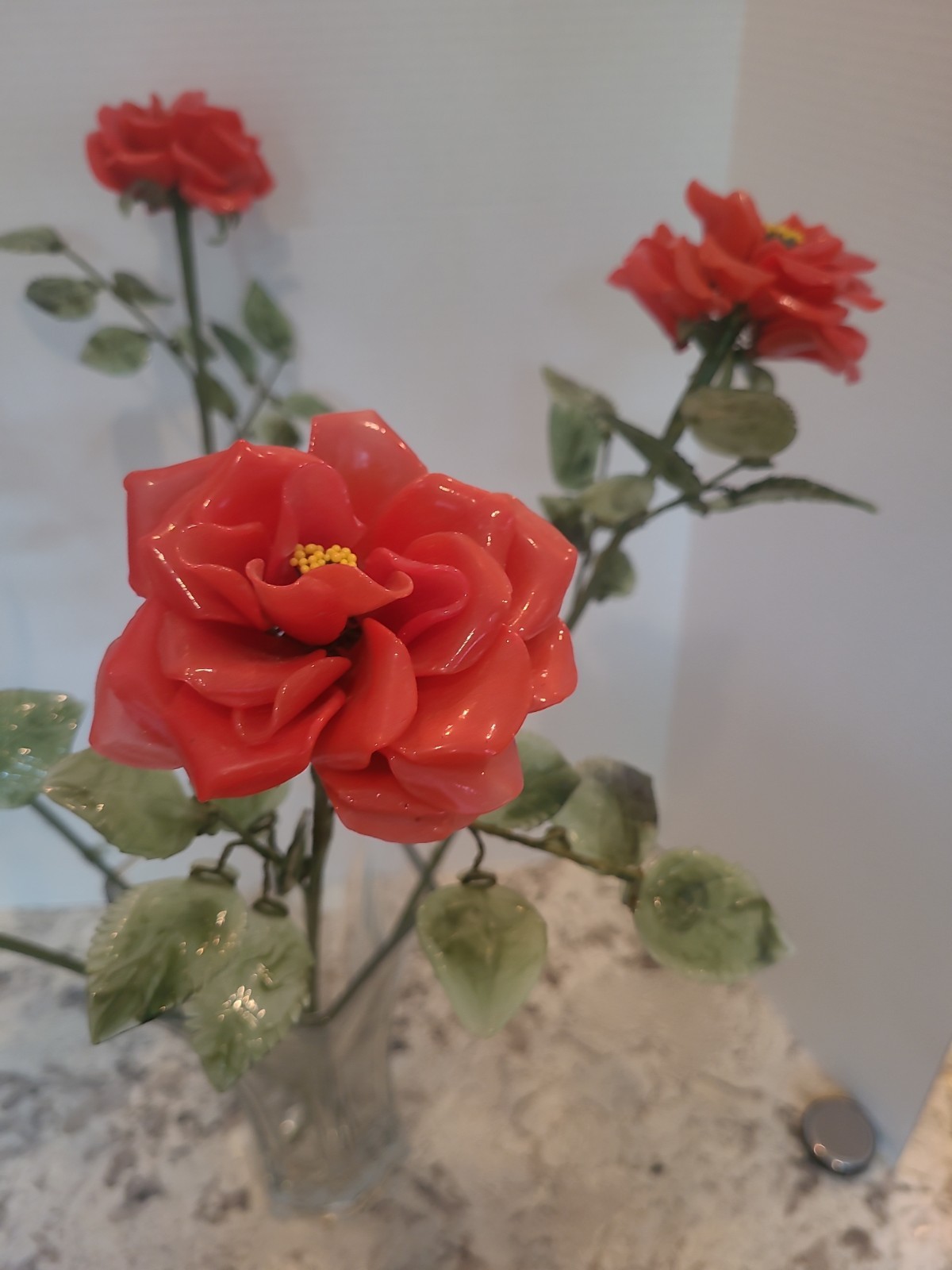 5 Vintage Porcelain Flowers With Plastic Stems Red Orange 25″ Long Stem