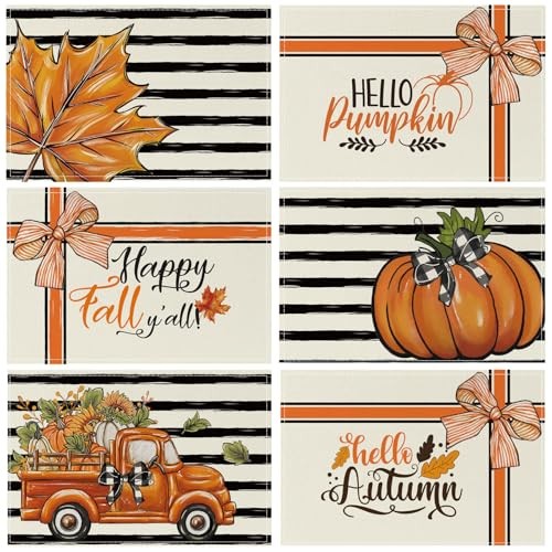 Happy Fall Hello Pumpkin Placemats Set of 6,Black Stripe Autumn Fall Black