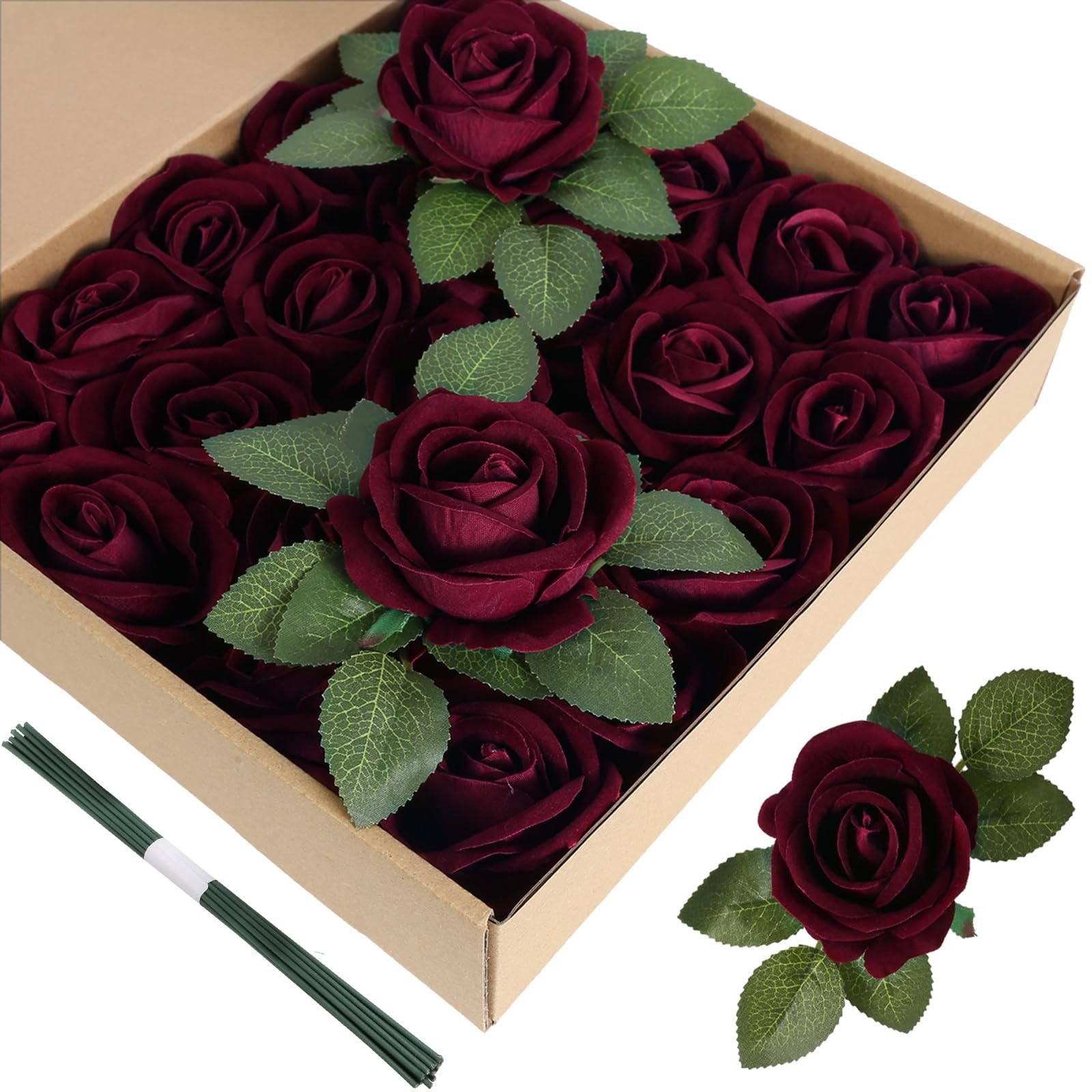 Burgundy Artificial Flowers Velvet Roses 25 PCS Real Look Silk Flowers with S…