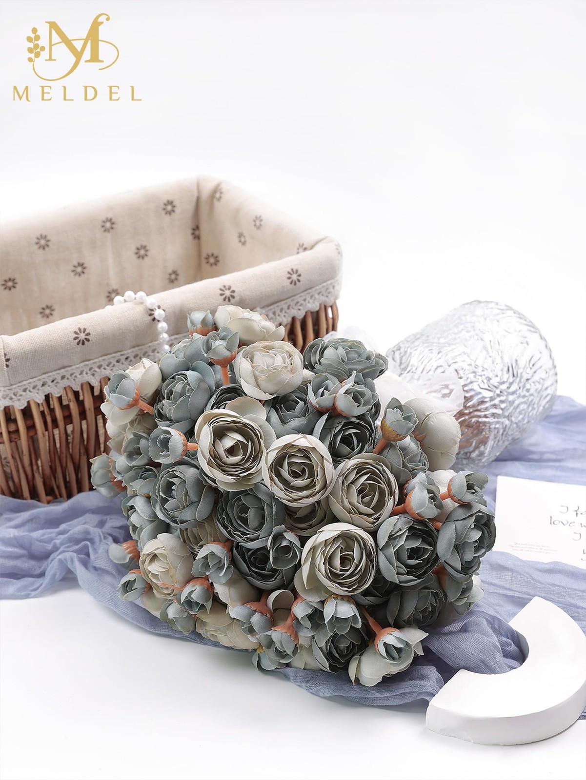 32 PCS Ranunculus Artificial Flower Dusty Blue Mini Rose Faux Fake Peony