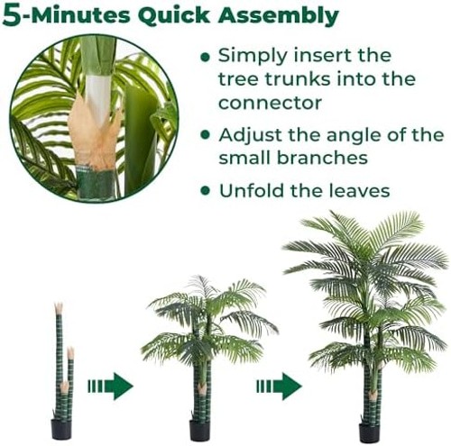 6FT Tall Triple Golden Cane Palm Tree (1 Pack), Large Faux Plants, UV Resista…