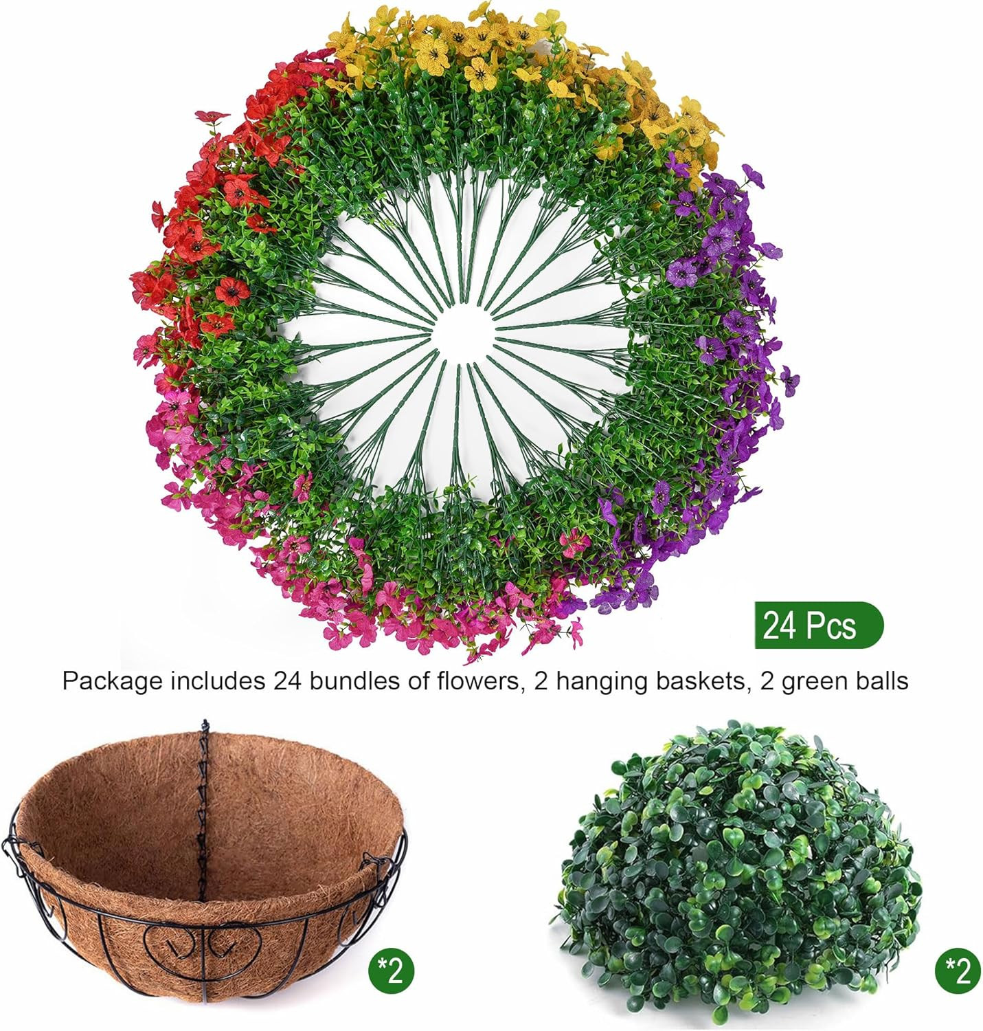 2 Set UV Resistant Faux Daisy Hanging Baskets for Outdoor Spring Decor