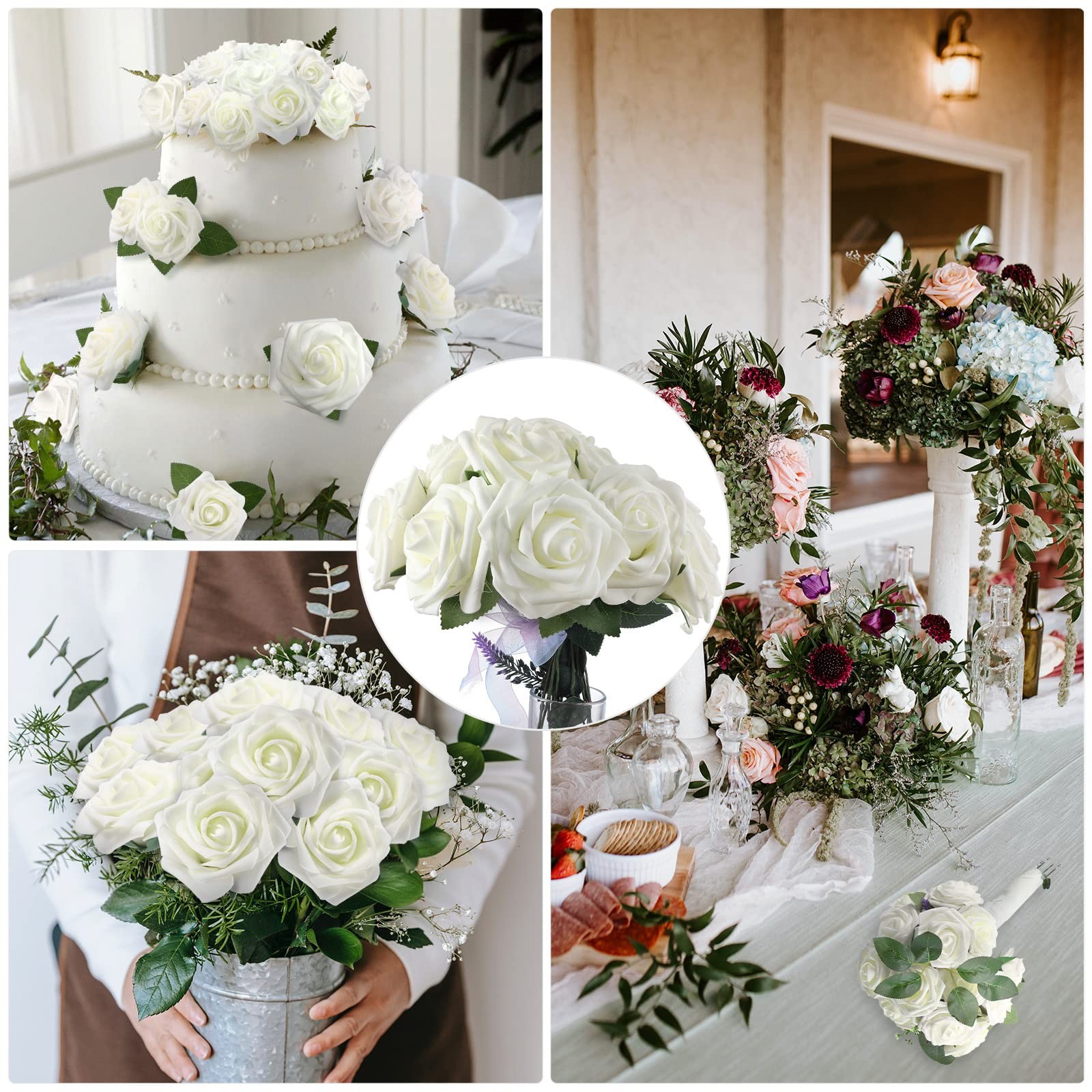100 PCS Ivory Artificial Foam Rose Flower Faux Bouquet Wedding Table Decor