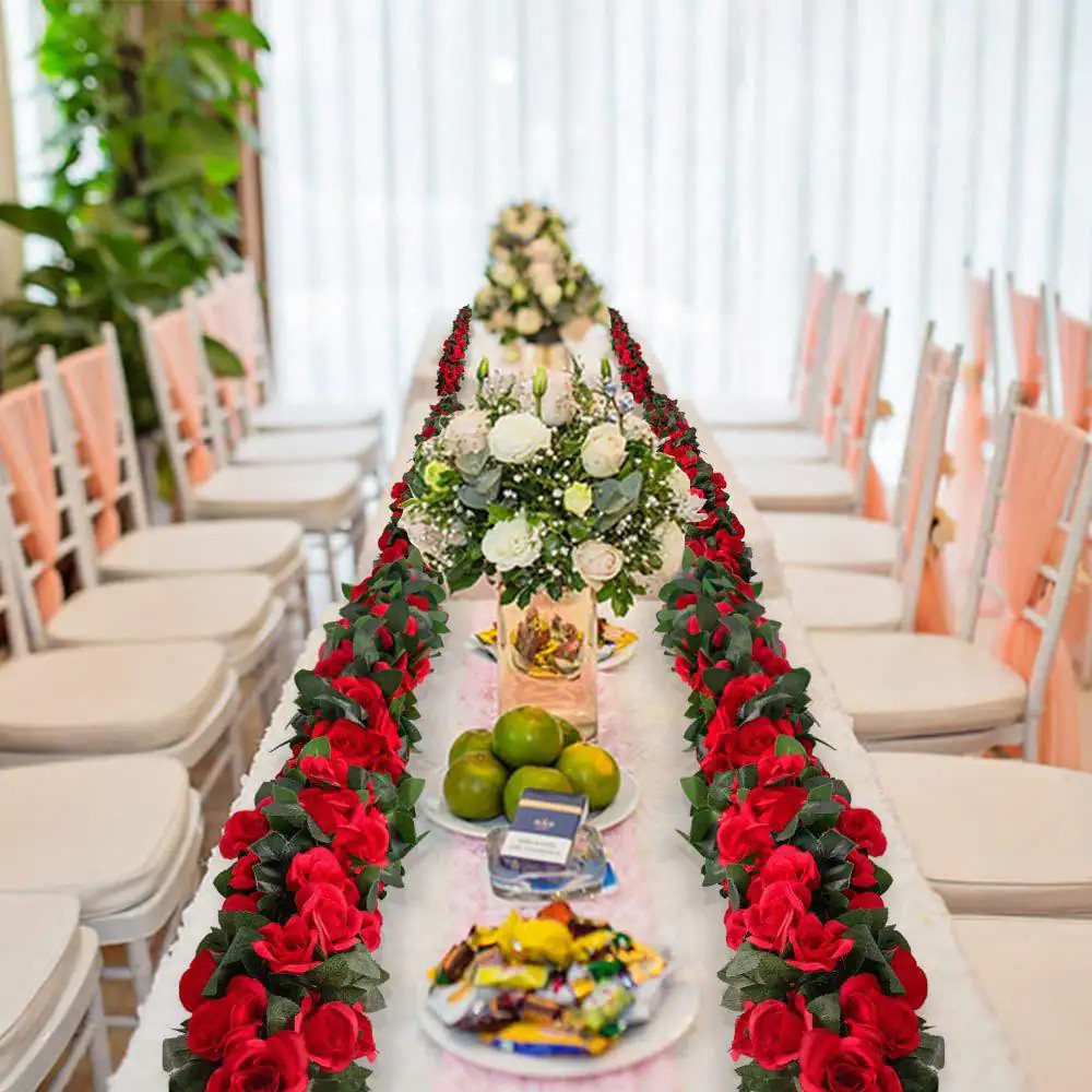 4.72 In. Red Artificial Rose Vine Silk Flower Garland 4-Pieces with Greenery Pla