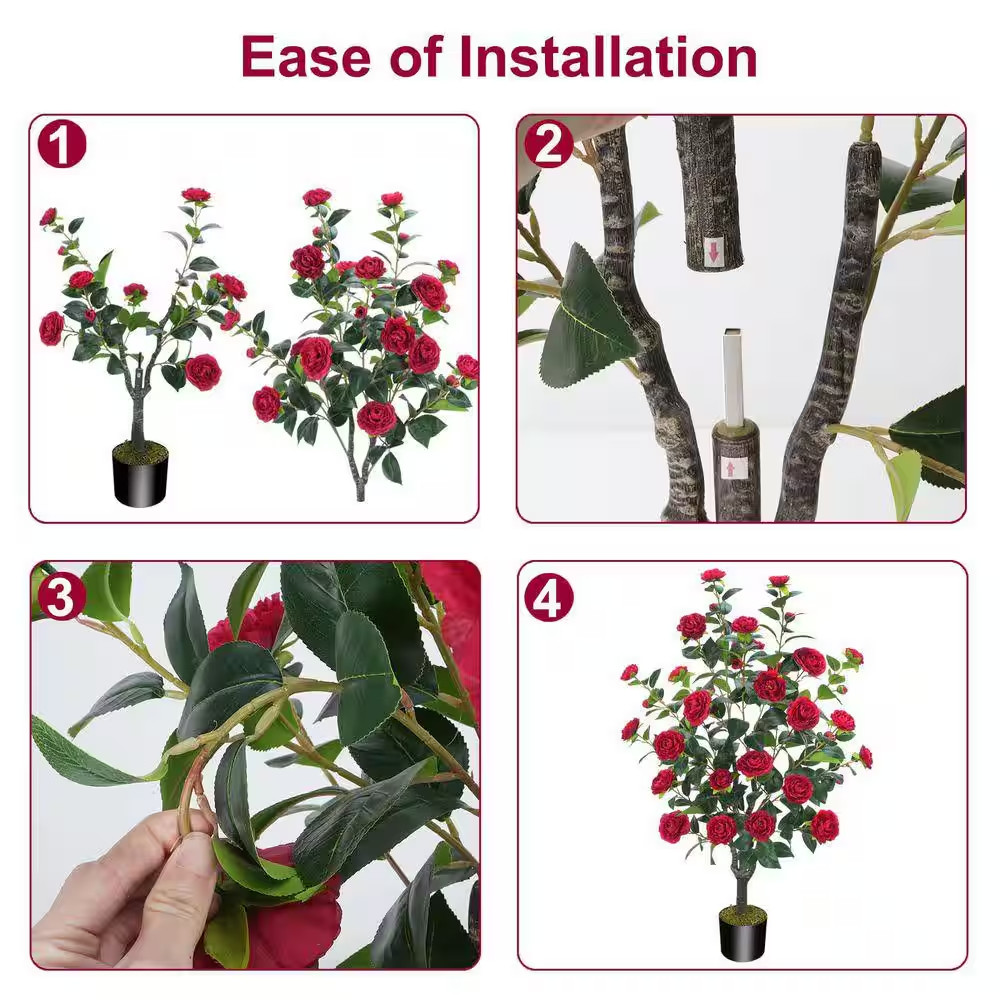 2-Piece 3.6 Ft. Artificial Camellia Tree in Black Pot with 32 Red Flowers and Dr