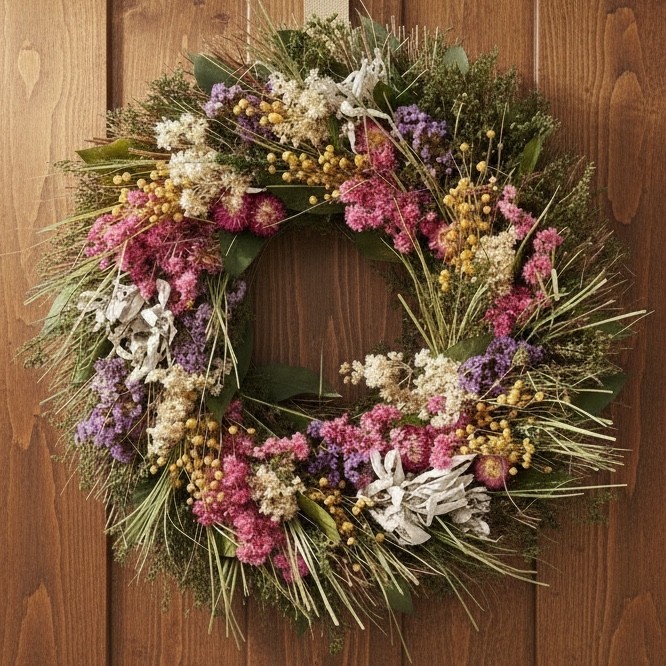 18″ Dried Floral Wreath with Sage Pink Purple White Flowers Front Door Decor