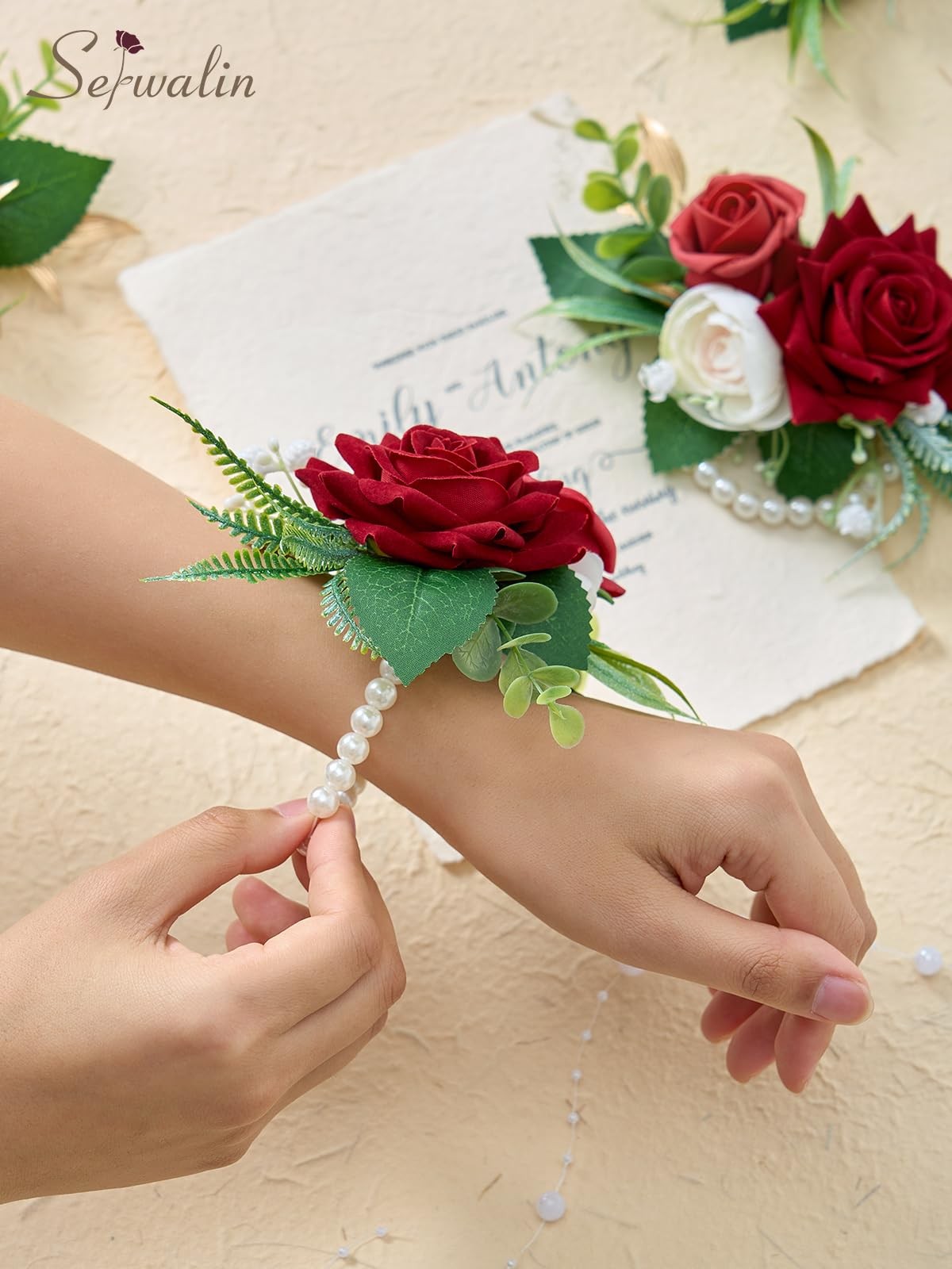 6 PCS Burgundy Wrist Corsage Wedding Roses Prom Homecoming Party Hand Decor