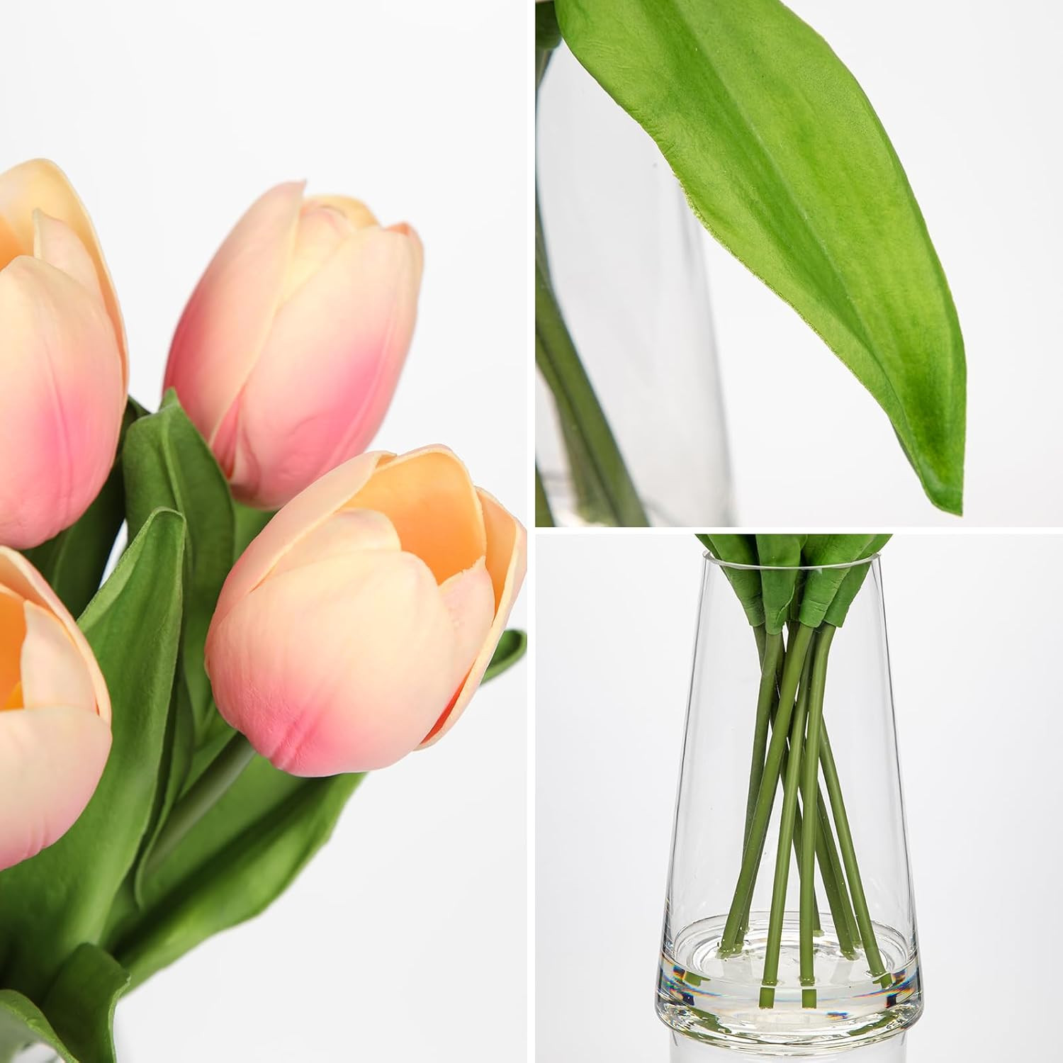 Realistic Peach Tulips in Glass Vase with Faux Water – Spring Table Centerpiece