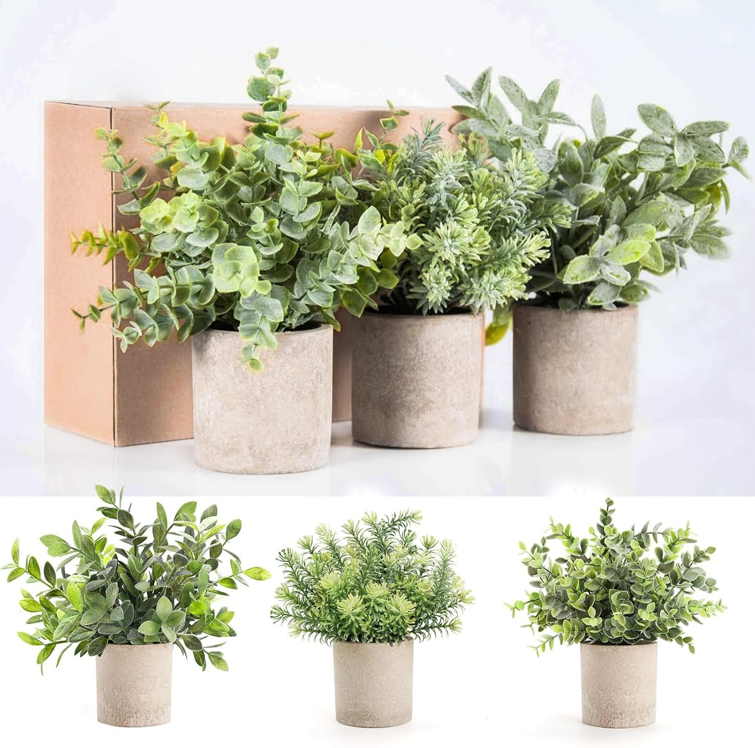 Der Rose 3 Pack Mini Potted Fake Plants Artificial Plastic Eucalyptus Plants Top