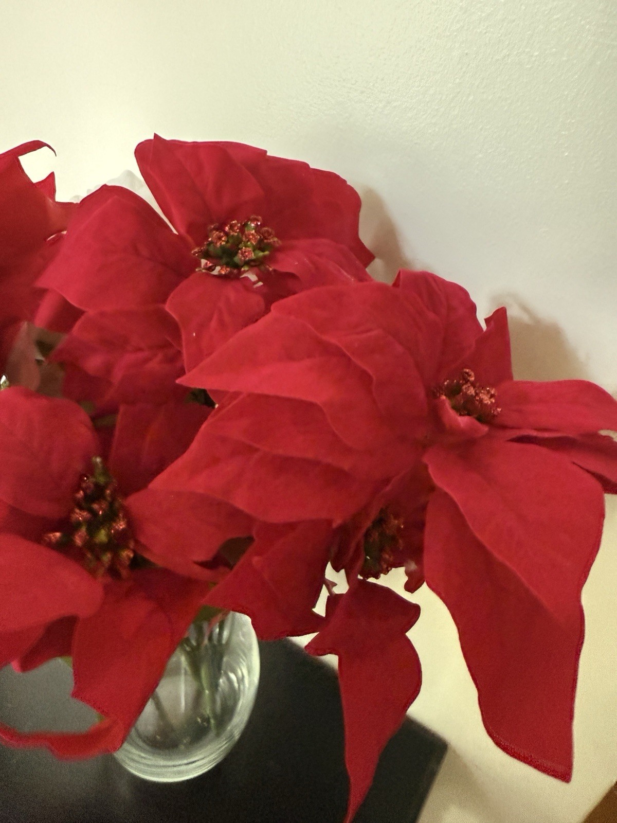 Poinsettia Flower Stems Artificial Cloth Flowers 5 Stems 4 Red 1 White 18” Tall
