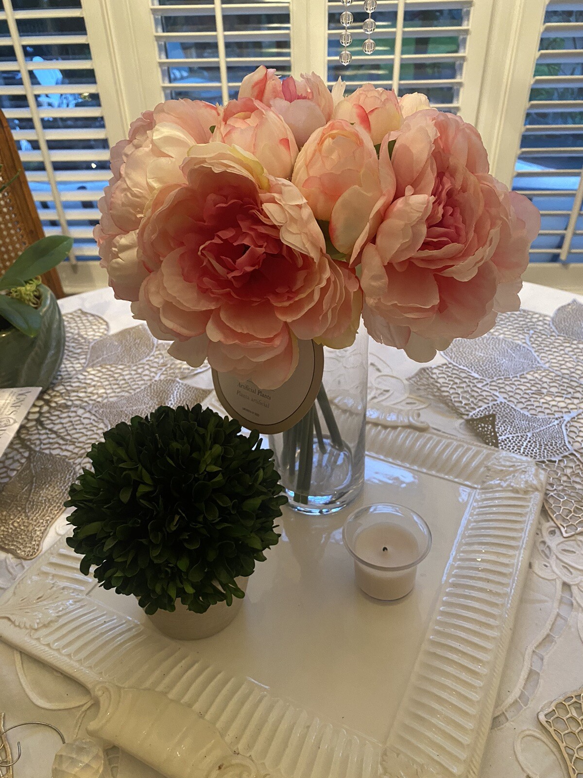 Peony In Glass Vase Full Bloom Arrangement Centerpiece Home Decor