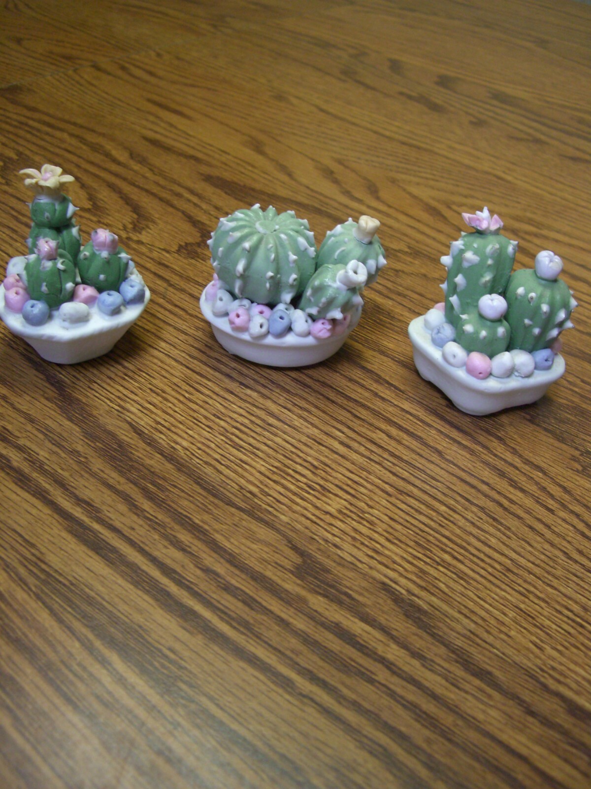 3 Cactus Plants//Small Multi-color Pastel Ceramic Floral Figurines
