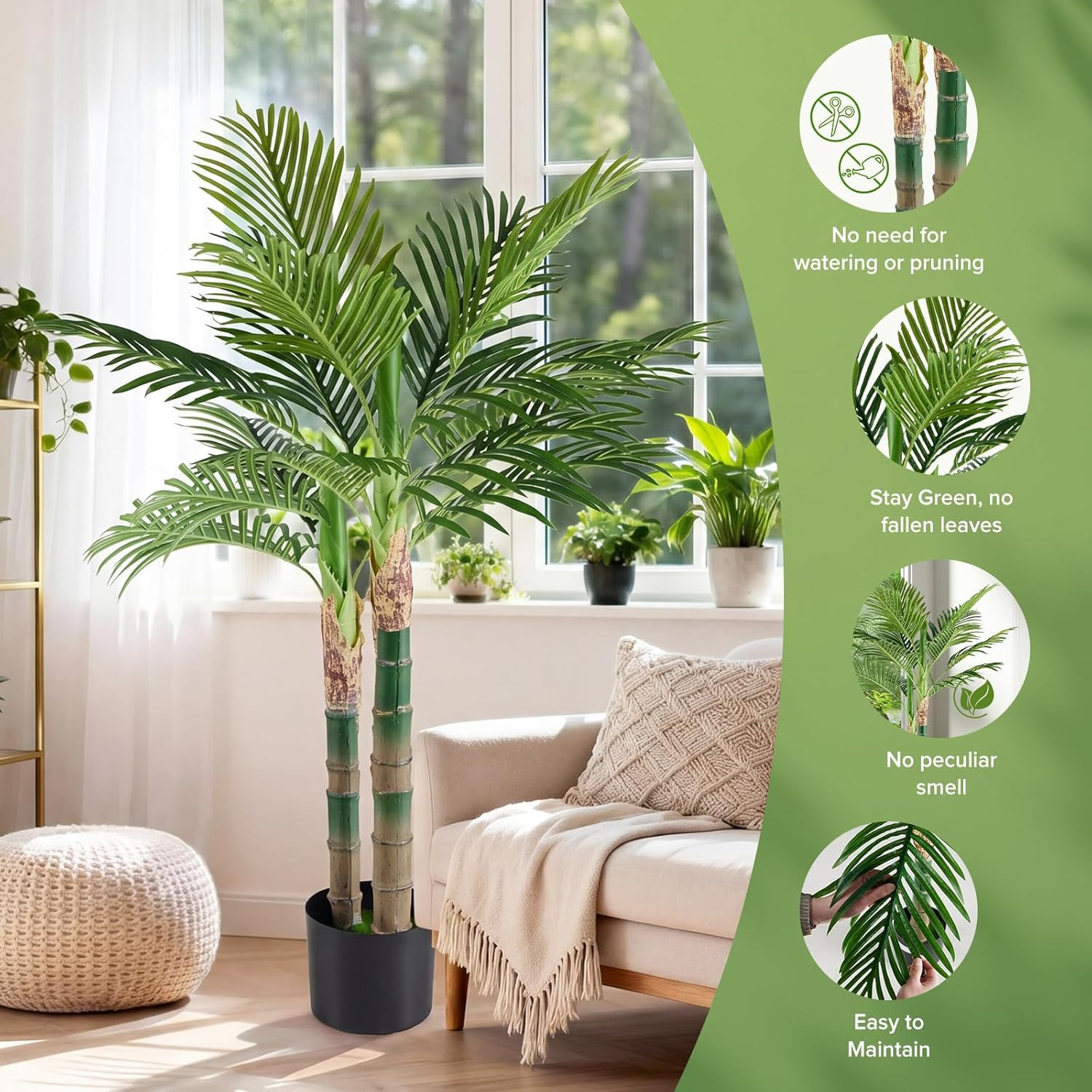 47In Artificial Palm Tree, Tall Fake Faux Plants with Indoor Lifelike Leaves Bla