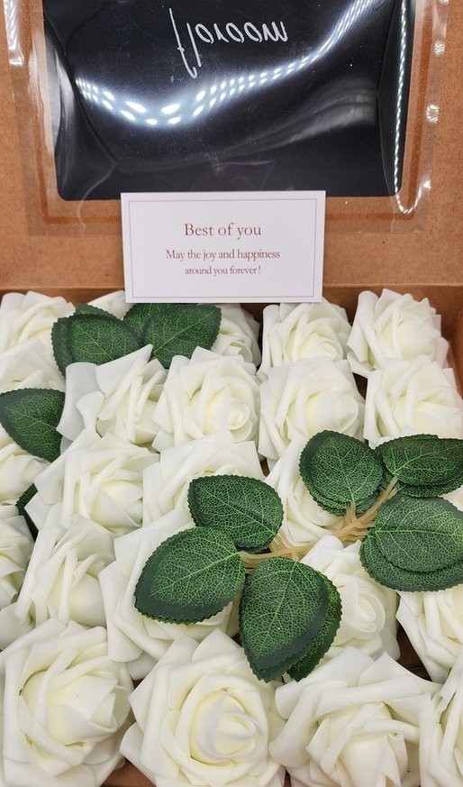 Floroom Artificial Foam Flowers 25 pcs. Ivory Roses w/Stems & Leaves – New