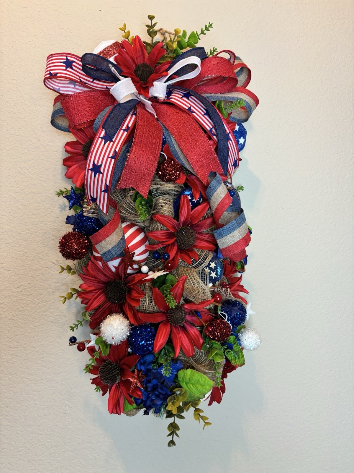 Patriotic Swag Wreath Red White Blue 4th July Door Decor Americana Bow