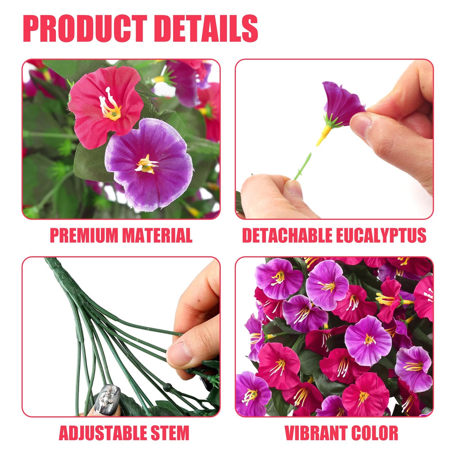 4PCArtificial Hanging Flowers Outdoor UVResistant Morning Glory Rose Red Magenta