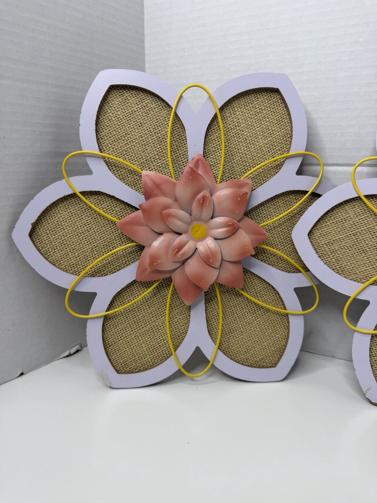 3 Wood Burlap & Metal 3D Flowers Decor Hanging 12” Wall Home Decor Wall Hanger
