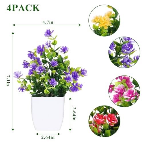 Fake Flowers Packs Artificial Plants Indoor Mini 4 Mix Red Rose Yellow Purple