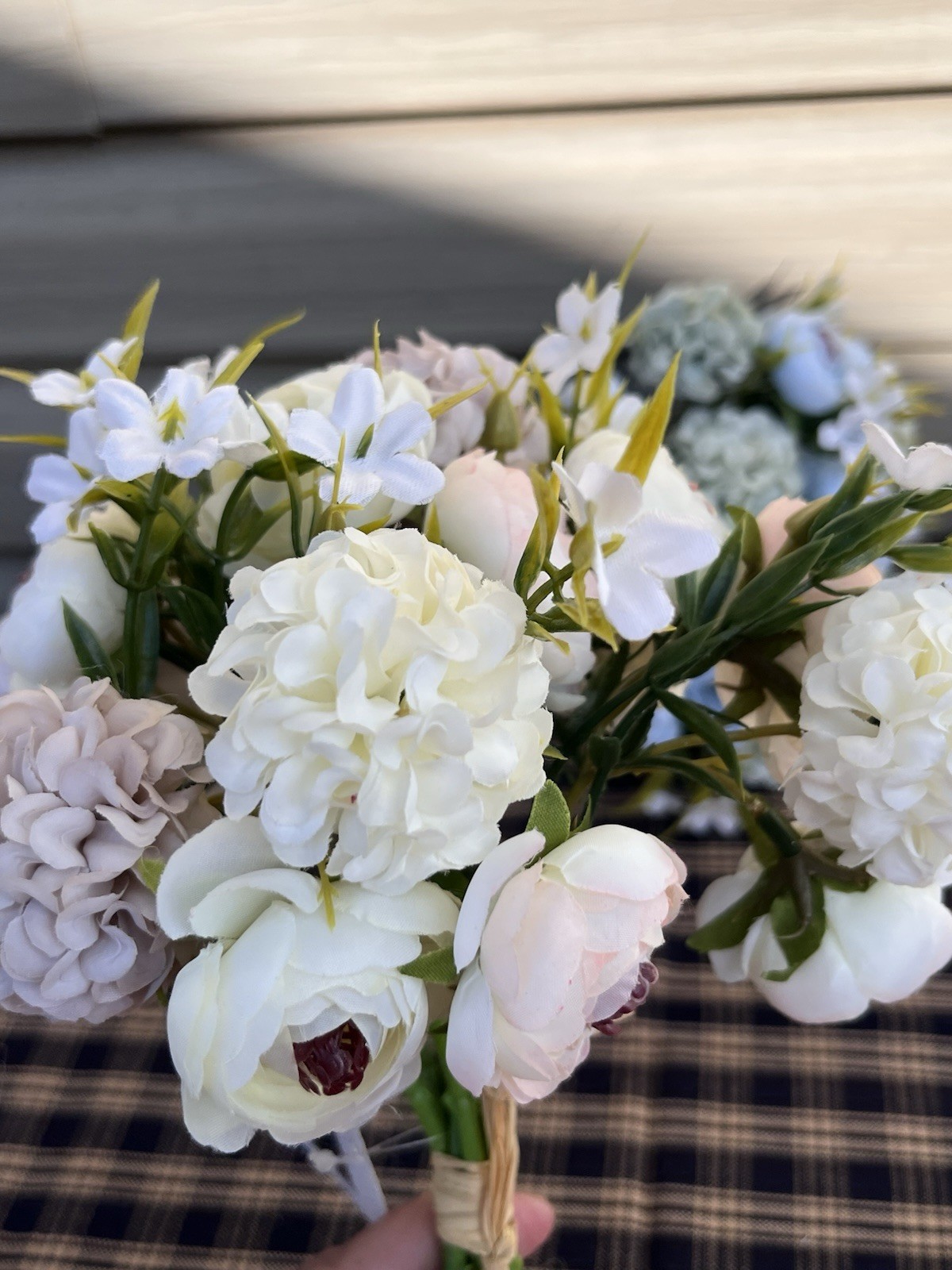 Lot of 2 Faux Floral Bouquet Bundles Blue Pink Peony Ranunculus Cottagecore