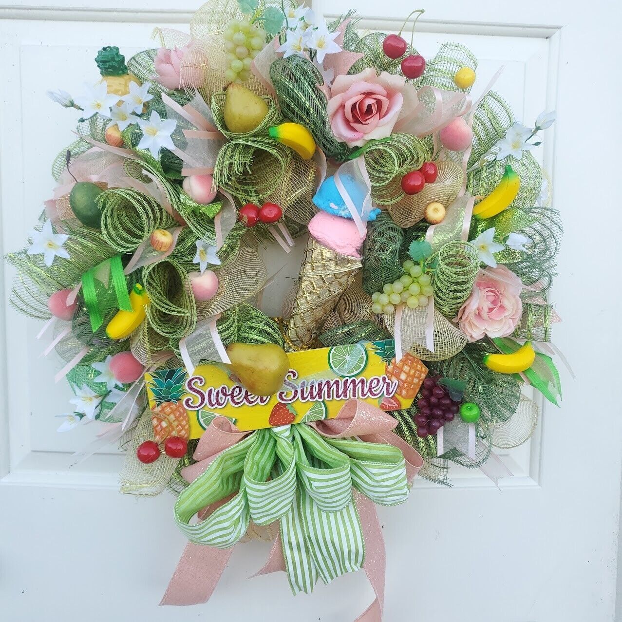 Summer Wreath Large 24″ Handmade Deco Mesh Front Door Ice Cream Cone Decoration