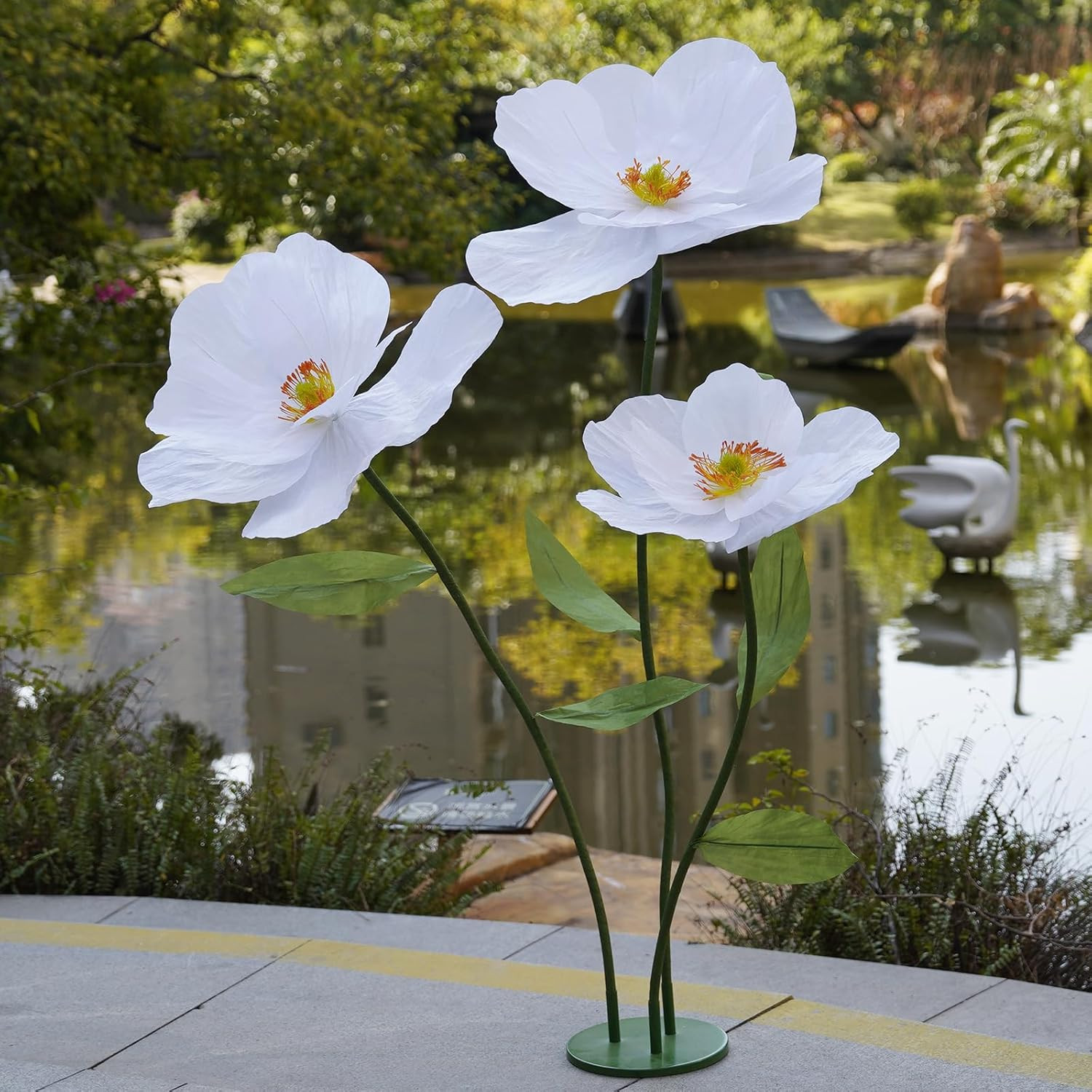Giant White Paper Poppy Flowers for Home Decor & Events – Handcrafted Stand Incl