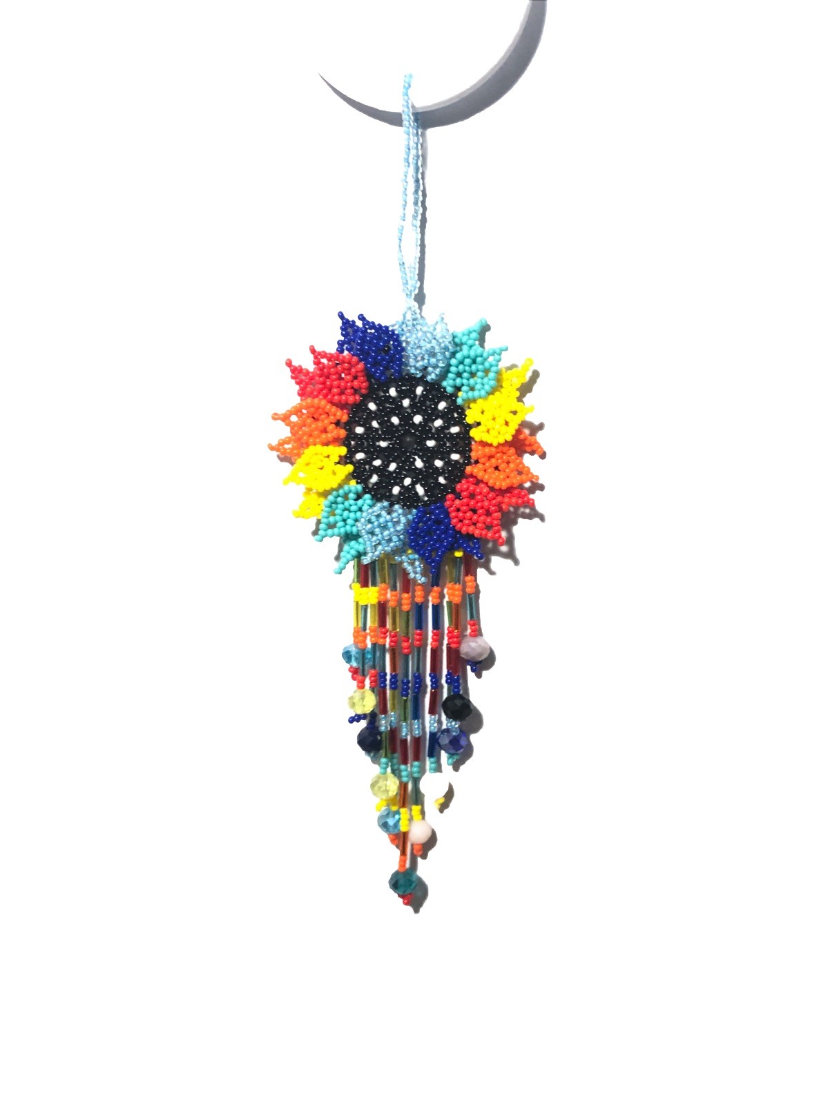 Hand Made Beaded Colorful Mexican Sunflower 5” Seed Bead Dangle Charm Ornament.