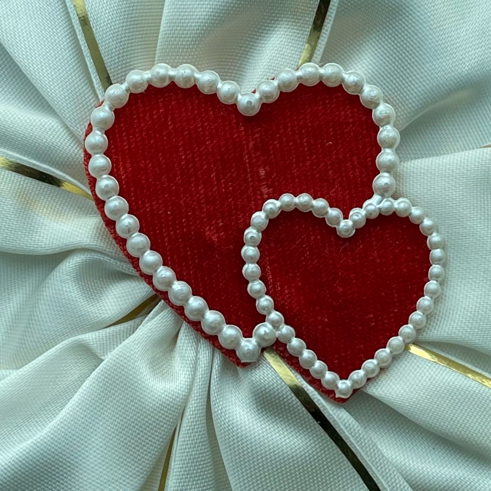 Vintage 1960s Valentine’s Day Bow 2 Plastic Beaded Felt Hearts & Nylon Ribbon