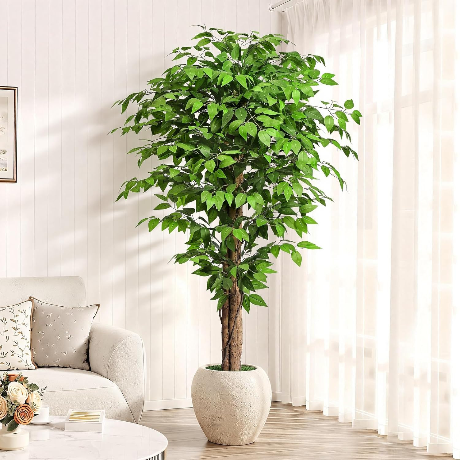 6.2Ft Ficus Artificial Trees with 3 Natural Curved Trunks, 74″ Tall Lush Faux Tr