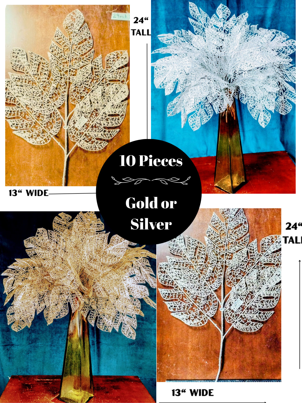 24″ Glitter Leaf Pick Stems Lot of 10 Artificial Floral Holiday Craft Decor