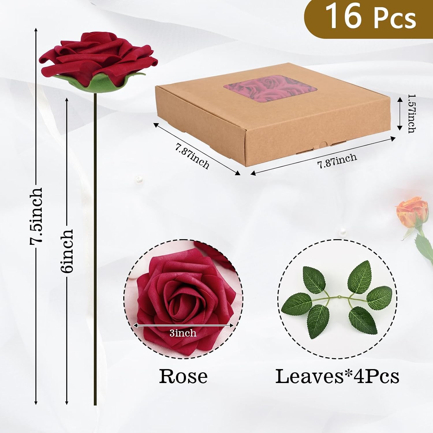 16Pcs Artificial Flowers Fake Roses with Stems, Burgundy Boxed Foam Roses for