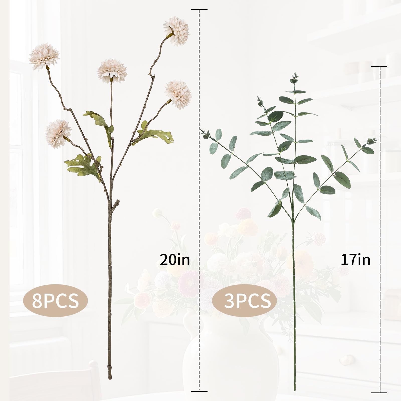 Faux Flowers for Vase Kiku 8 Stems & 3 Eucalyptus,Fake Flowers Stems for DIY …