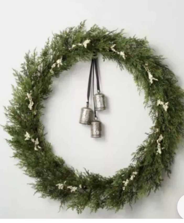 🎁 Hearth & Hand Magnolia 32” Faux Cedar Plant Wreath W/Berries & Bells🆕AS IS