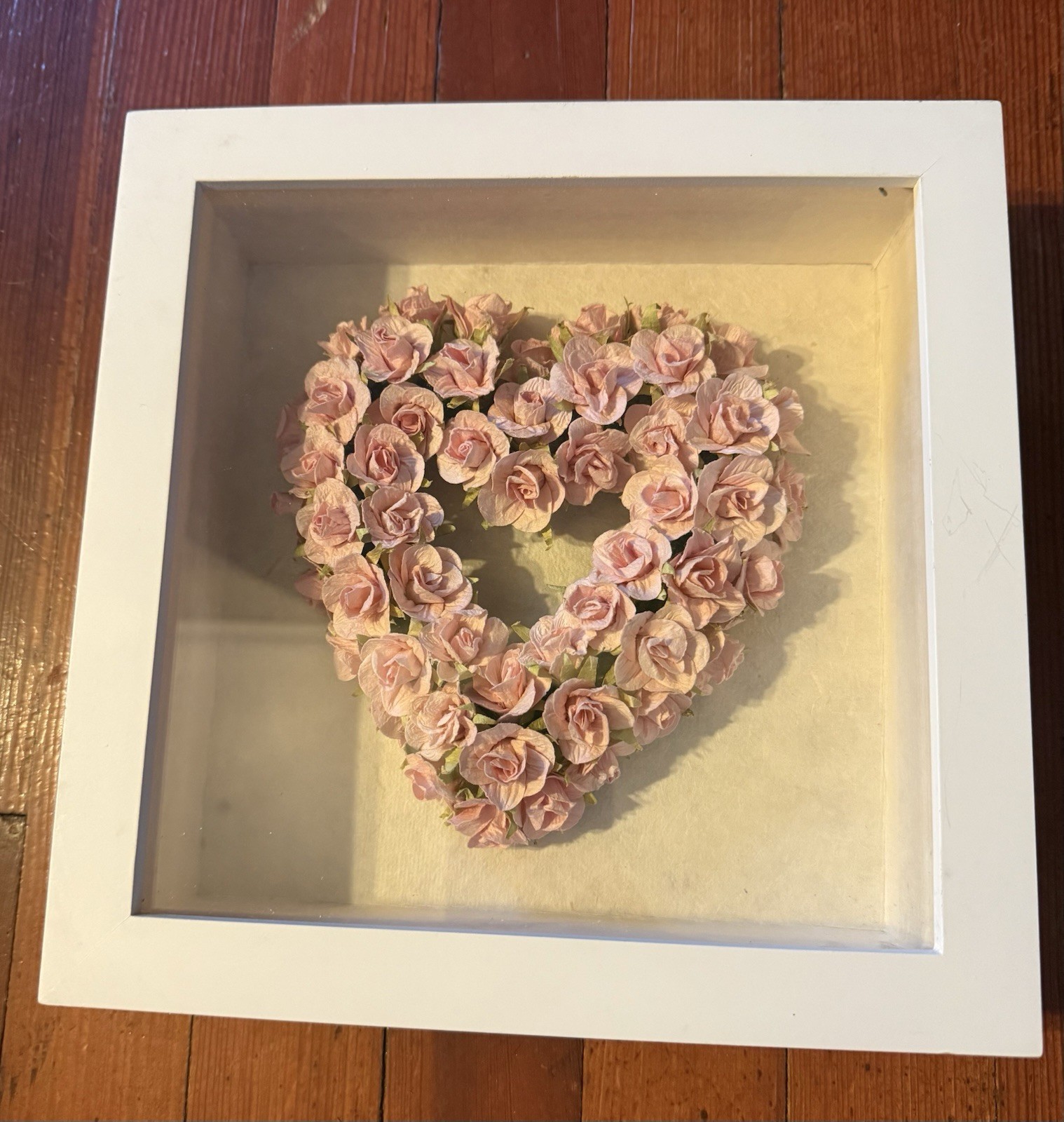 Set of 2 Vintage Shadow Box Floral Heart Wall Art Pink &Ivory Roses Framed Decor